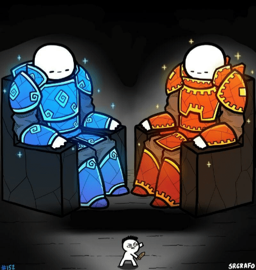 Two giants looking at a small guy-SRGRAFO